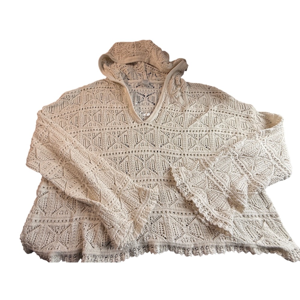 Time and Tru Girls Cream Crochet Knit Hoodie Pullover Scalloped Trim XL 16-18